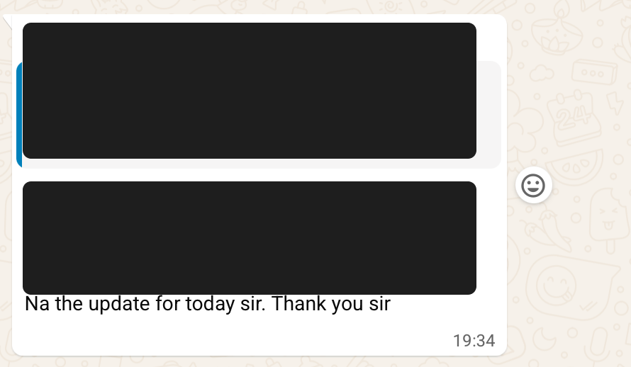 A redacted WhatsApp message ending with ‘Na the update for today Sir. Thank you sir’ at 19:34.